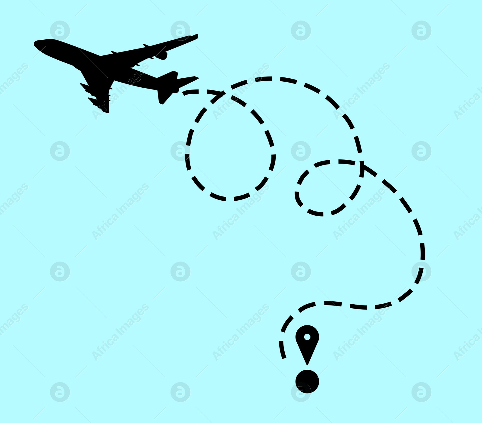 Illustration of Flight direction illustration. Plane silhouette and pin connected by dashed line on light blue background