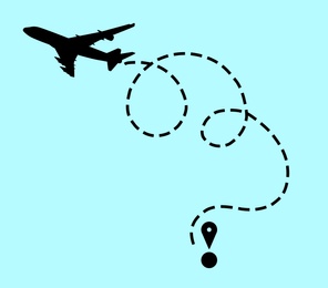 Illustration of Flight direction illustration. Plane silhouette and pin connected by dashed line on light blue background