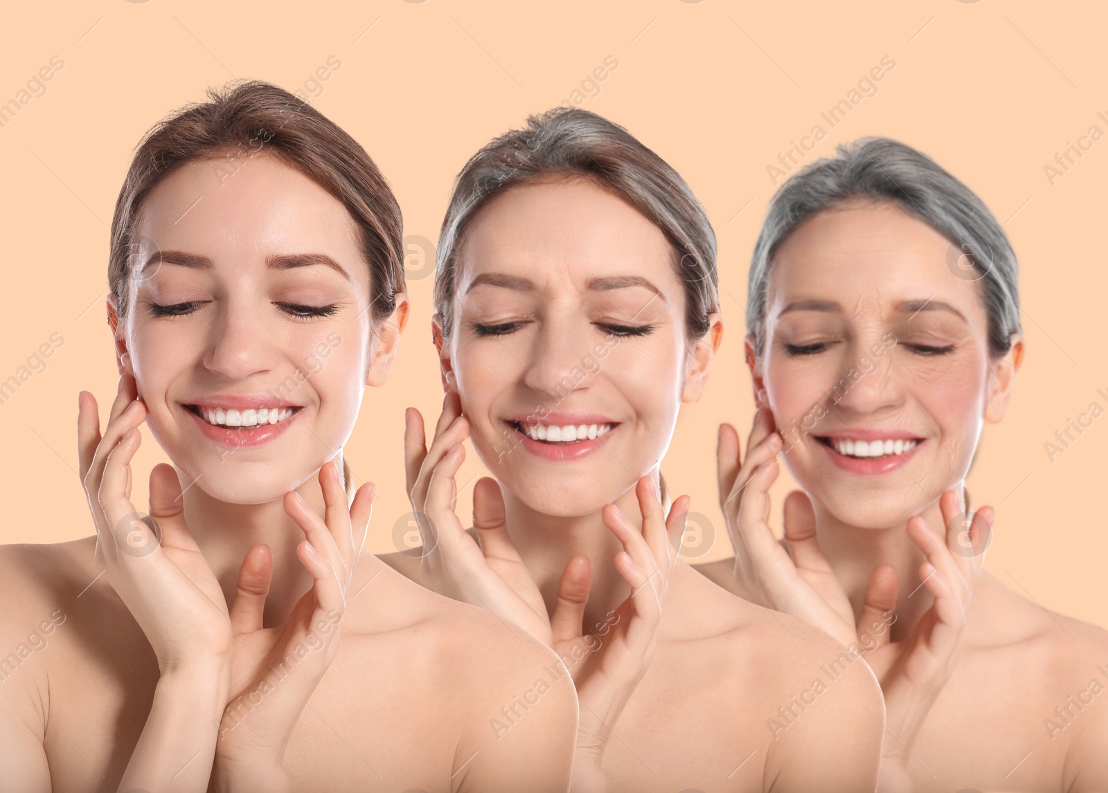 Image of Natural aging, comparison. Portraits of woman in different ages on beige background