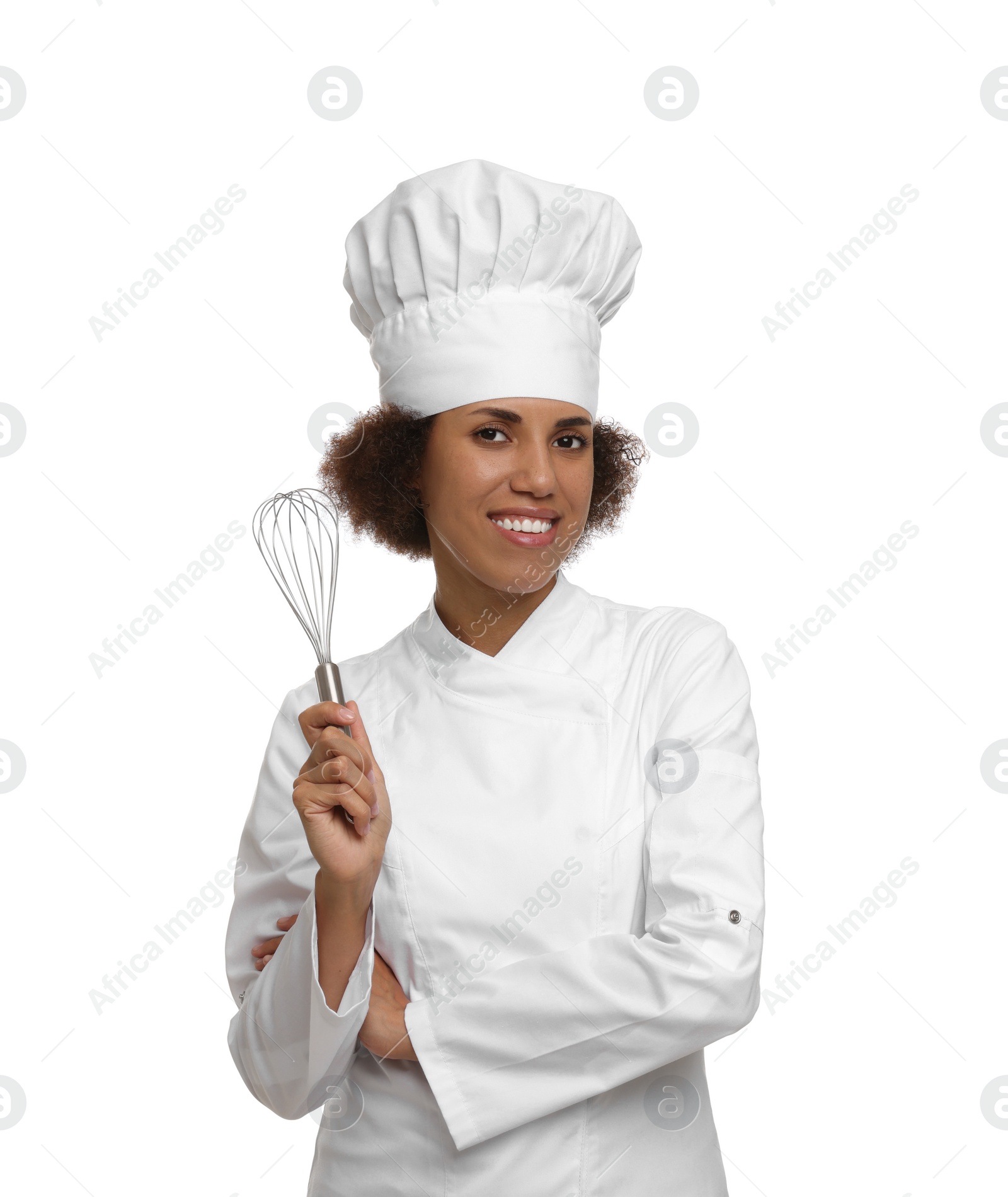 Photo of Happy female chef in uniform holding whisk on white background