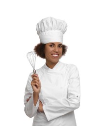 Photo of Happy female chef in uniform holding whisk on white background