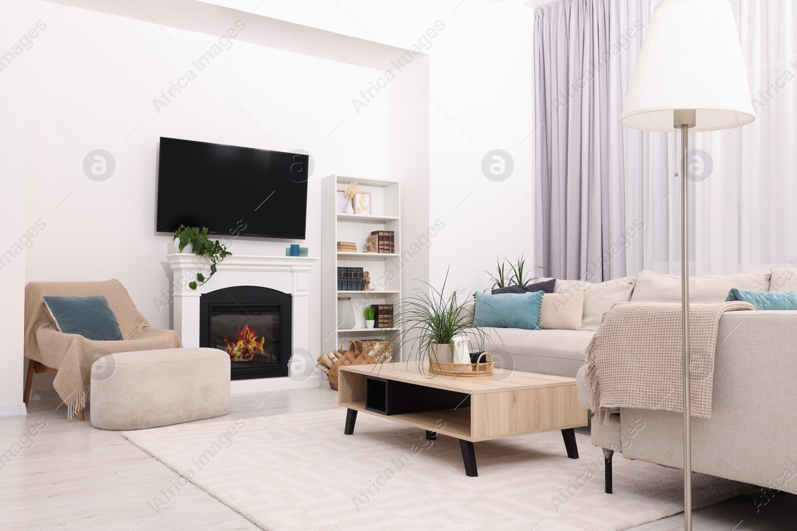 Photo of Stylish living room interior with cozy sofa, table, TV set and fireplace