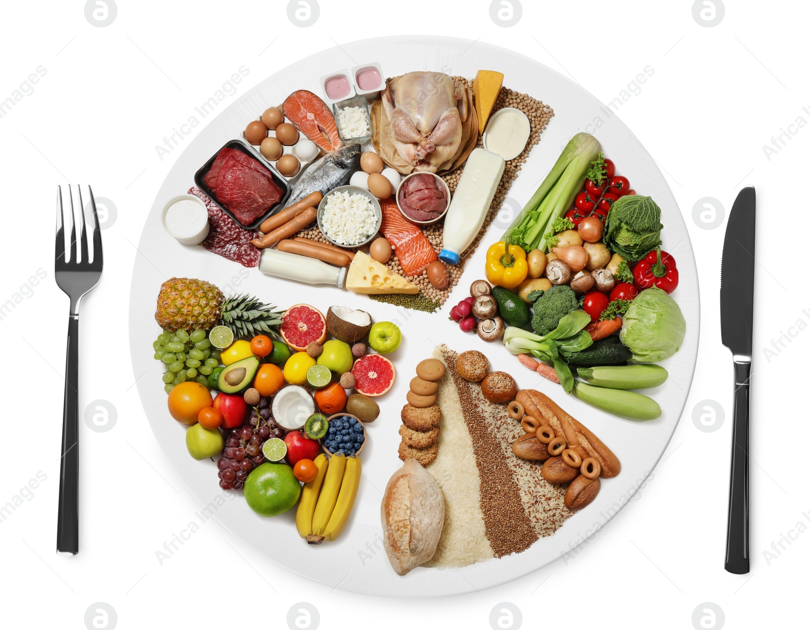 Image of Cutlery near plate with different products on white background, top view. Balanced food