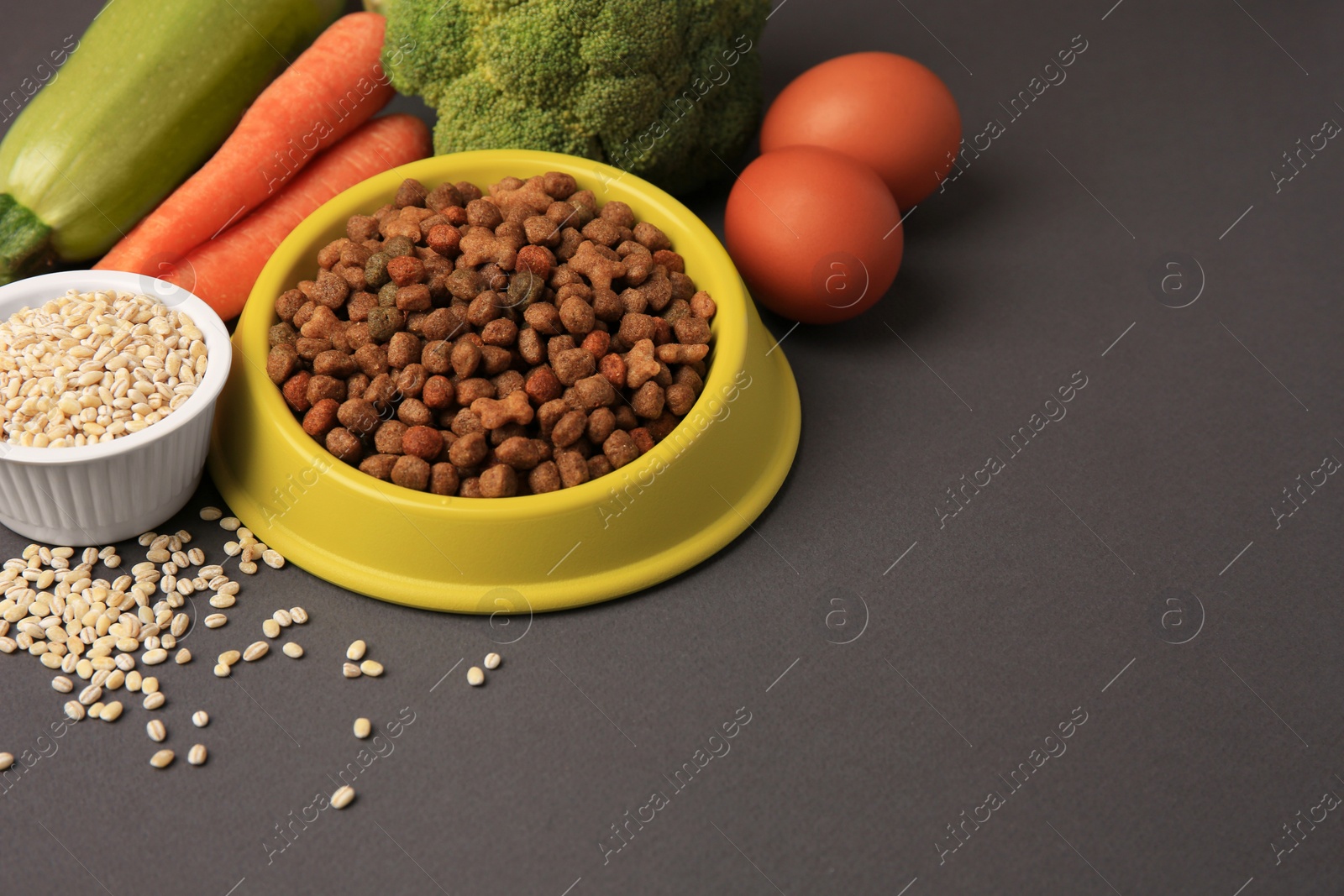 Photo of Dry pet food and products on black background, space for text