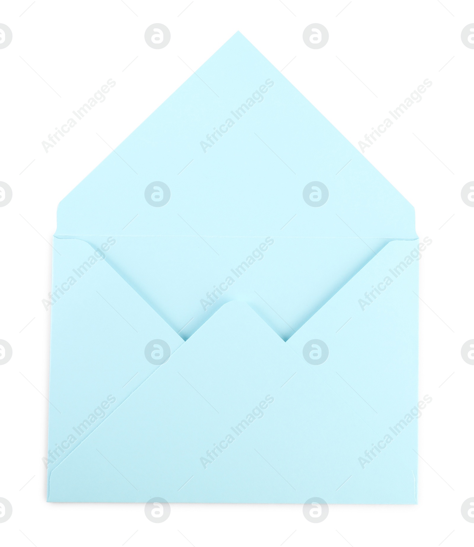 Photo of Open light blue letter envelope isolated on white, top view