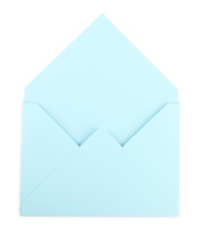 Photo of Open light blue letter envelope isolated on white, top view