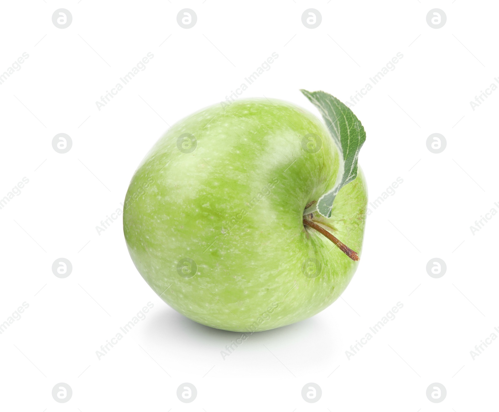 Photo of Fresh ripe green apple with leaf on white background