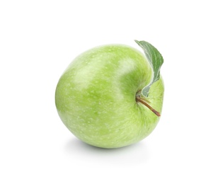 Fresh ripe green apple with leaf on white background