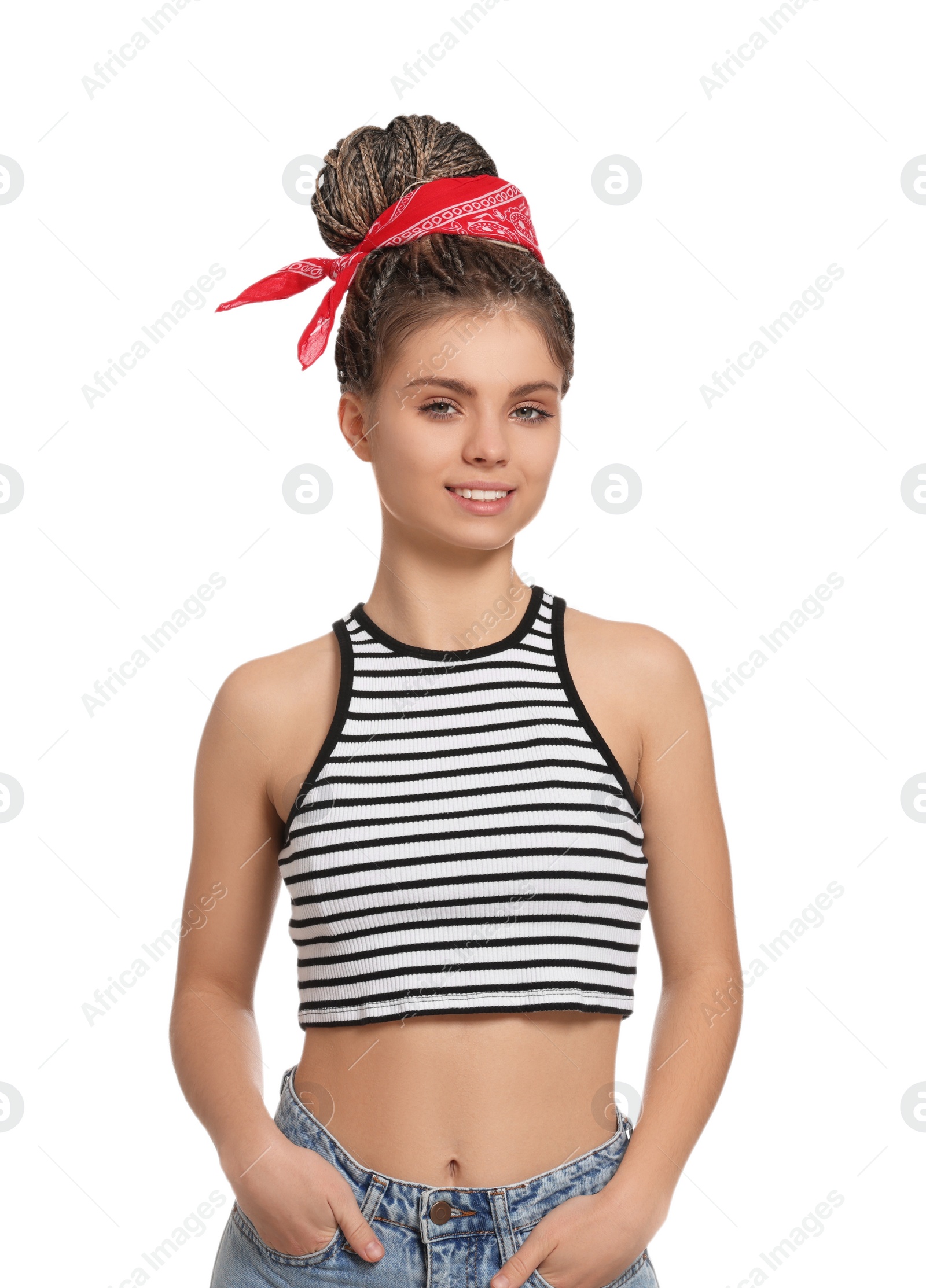 Photo of Beautiful woman with stylish african braided bun and headband on white background