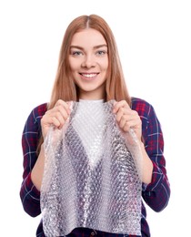 Woman popping bubble wrap on white background. Stress relief