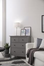 Modern room interior with grey chest of drawers