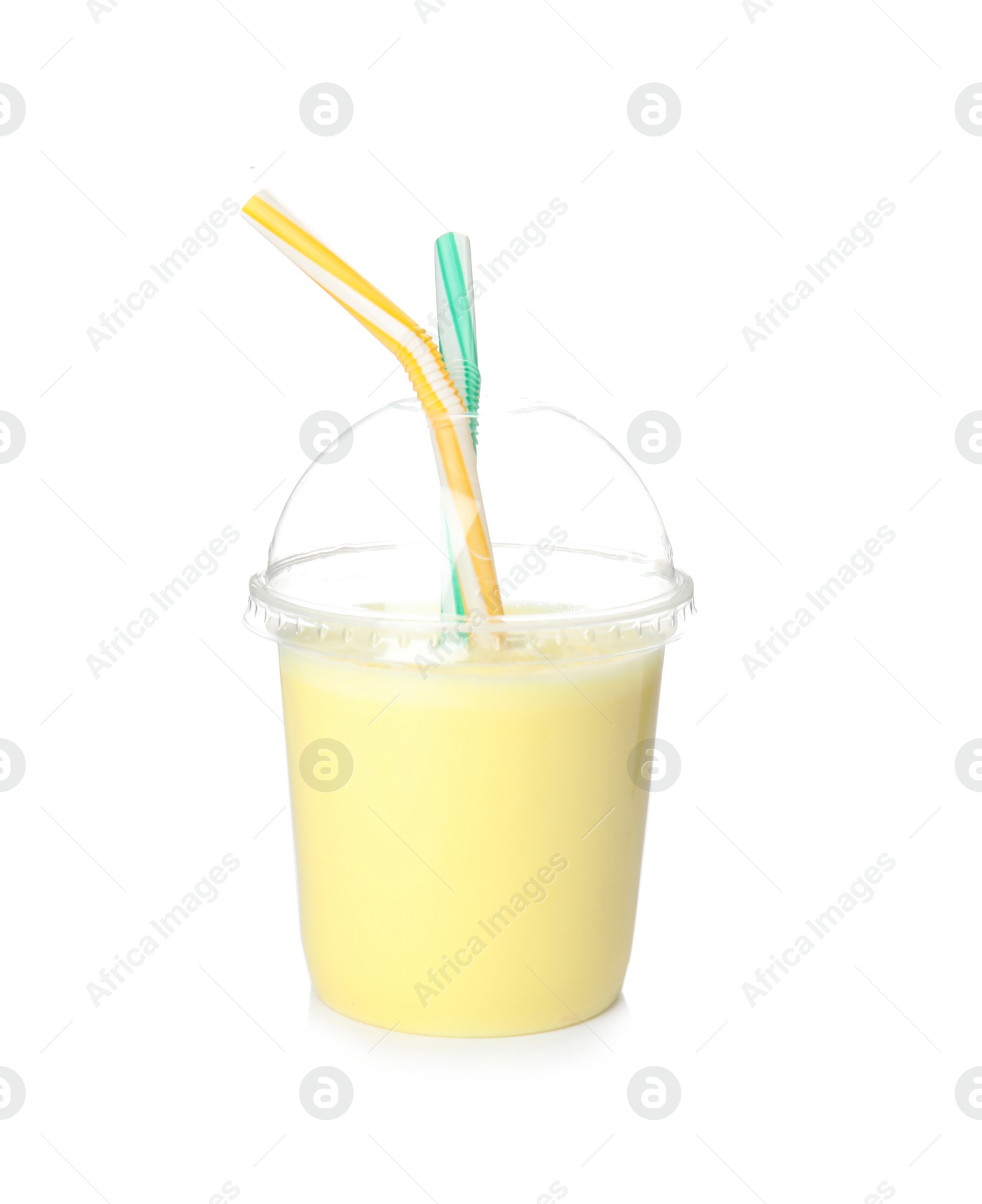 Photo of Plastic cup with tasty milk shake on white background