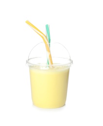 Plastic cup with tasty milk shake on white background