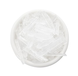 Photo of Menthol crystals in bowl on white background, top view