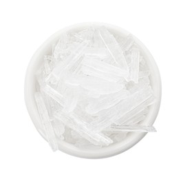 Menthol crystals in bowl on white background, top view