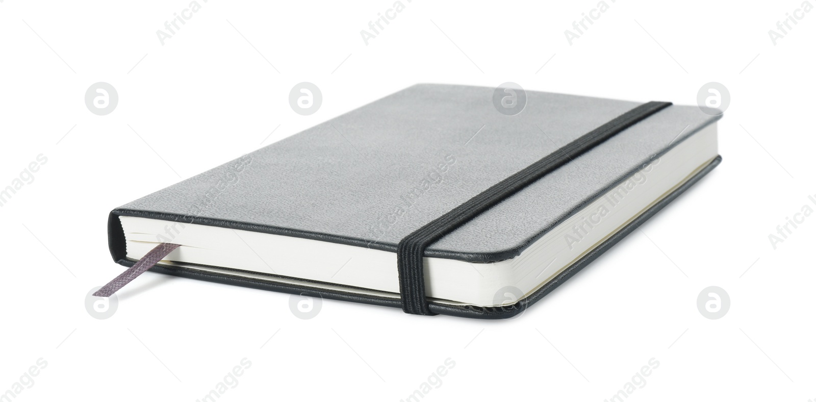 Photo of Closed notebook with blank black cover isolated on white