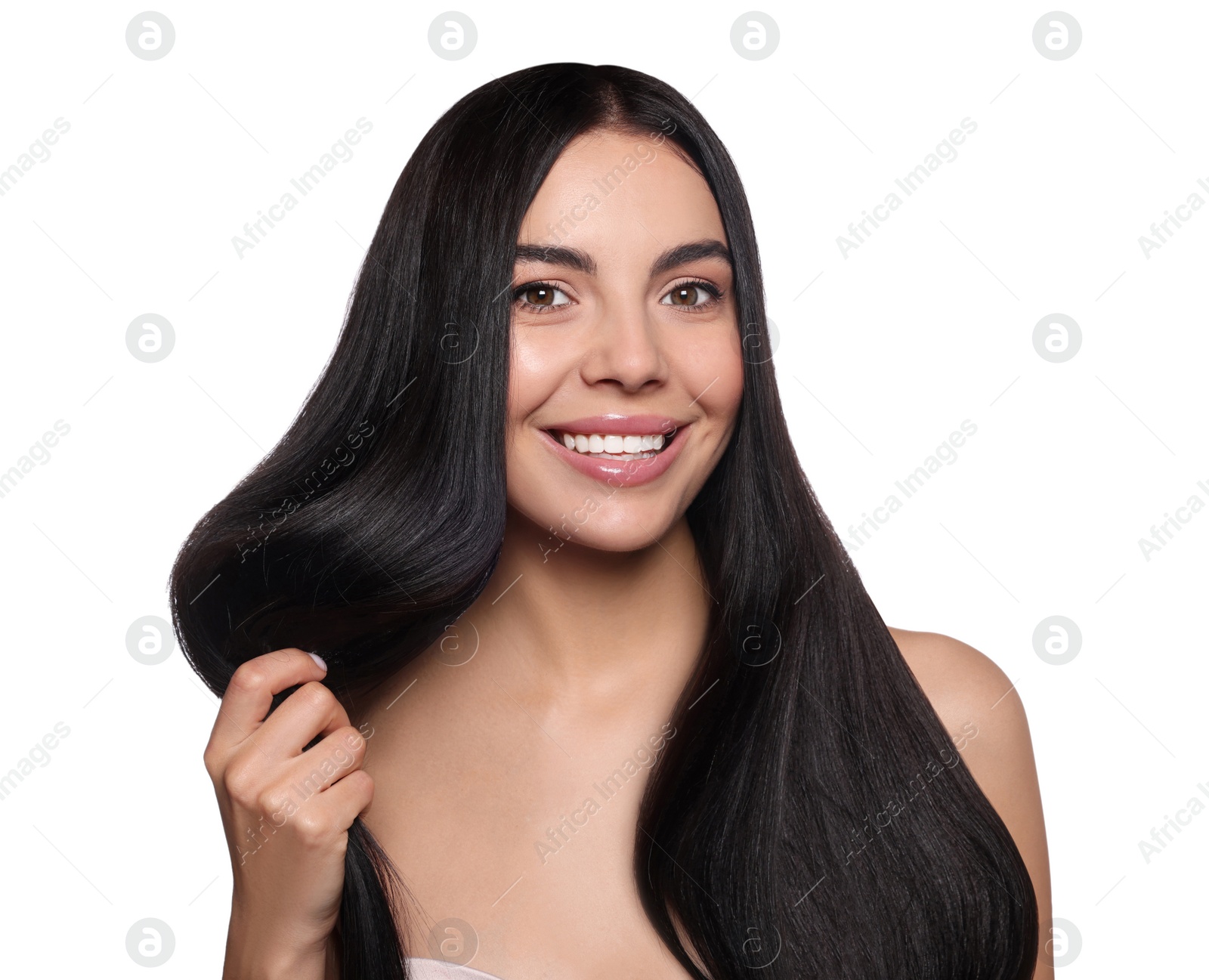 Photo of Portrait of beautiful young woman with healthy strong hair on white background