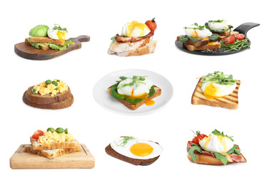 Image of Set of different egg sandwiches on white background