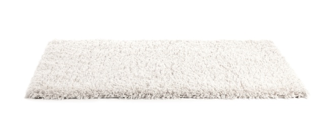 Photo of Fuzzy carpet on white background. Interior element