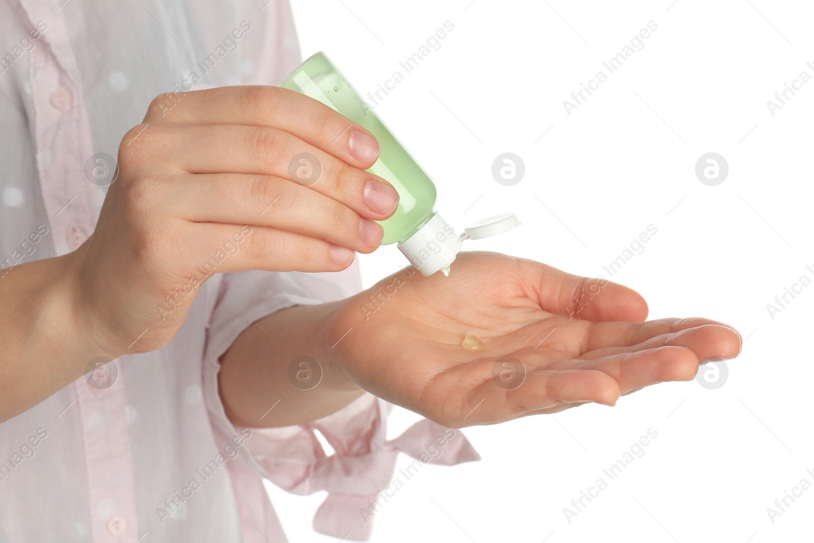 Photo of Woman applying sanitizer gel on white background, closeup