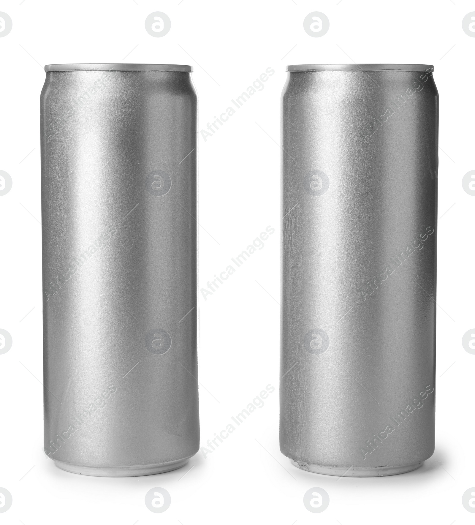 Photo of Aluminum cans with beverage on white background. Space for design