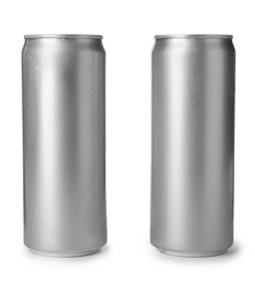 Aluminum cans with beverage on white background. Space for design