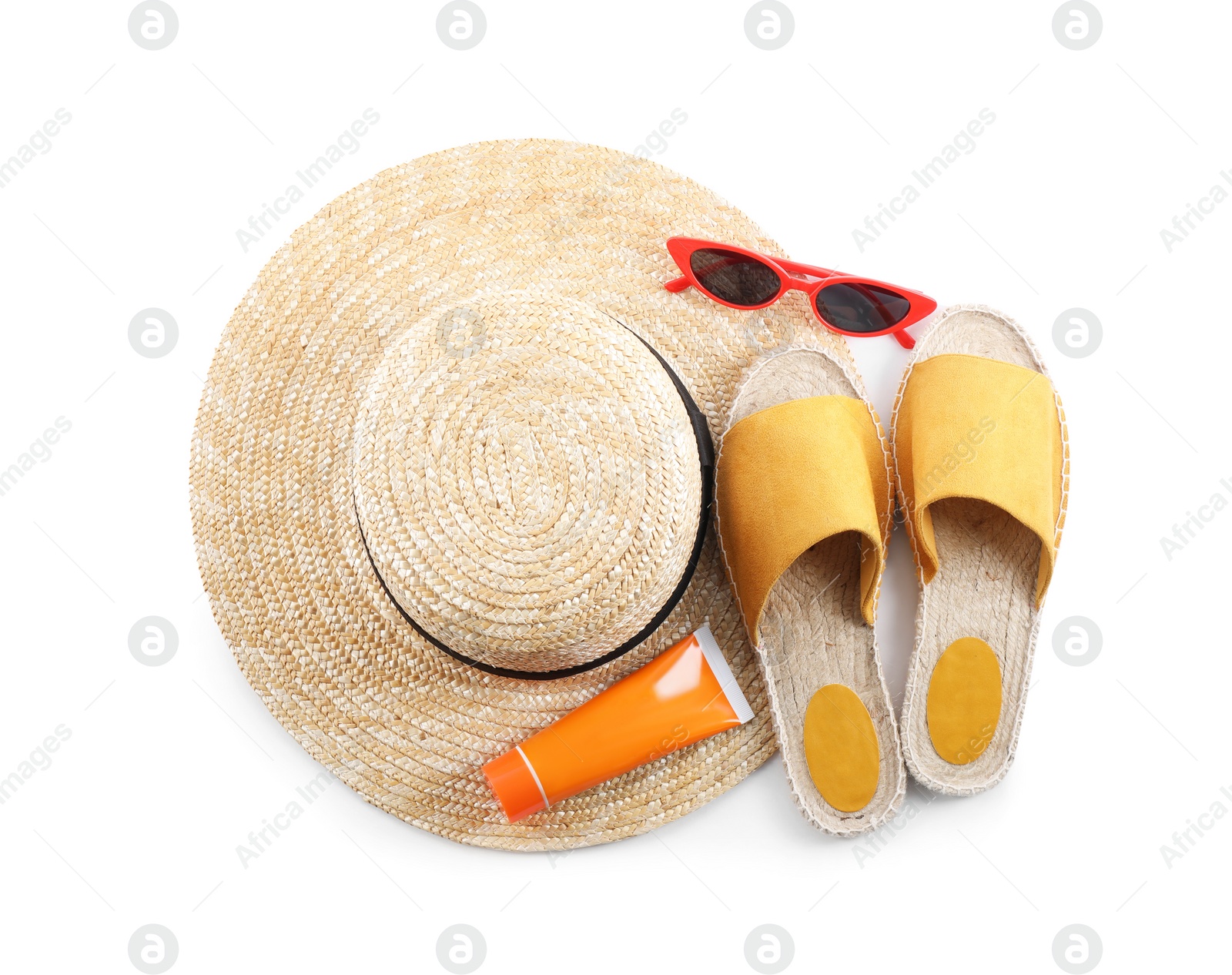 Photo of Composition with beach objects on white background, top view