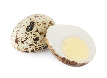Photo of Hard boiled quail eggs on white background