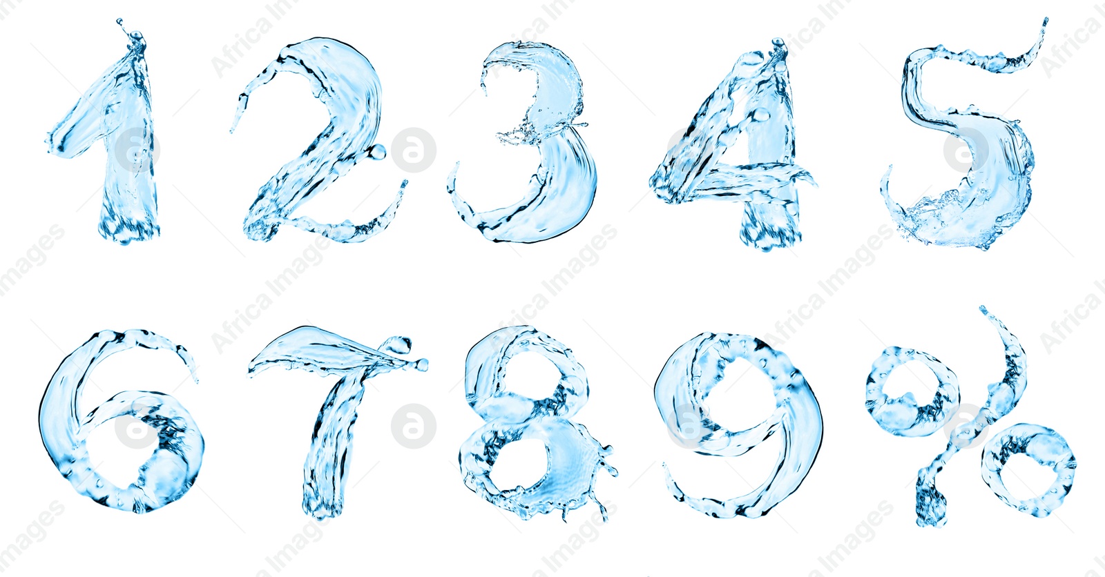 Illustration of Numbers and percent sign made of water on white background, collage design