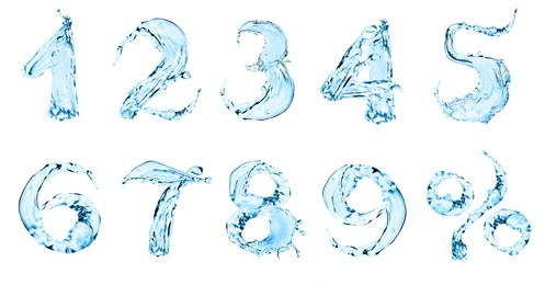 Illustration of Numbers and percent sign made of water on white background, collage design