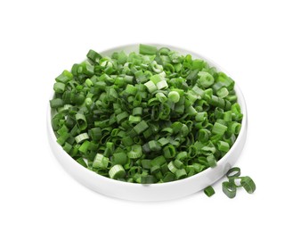 Chopped fresh green onion in bowl isolated on white