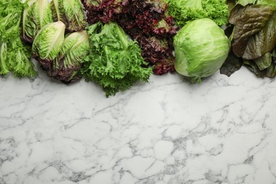 Different sorts of lettuce on white marble table, flat lay. Space for text