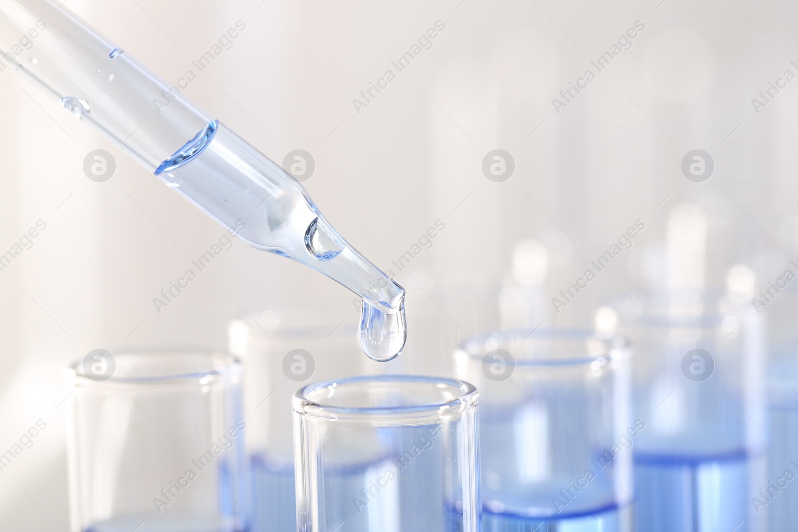 Photo of Laboratory analysis. Dripping light blue liquid from pipette into glass test tube on blurred background, closeup