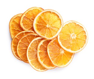 Photo of Delicious dry orange slices on white background, top view