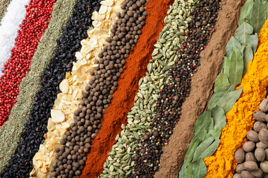 Set of different spices as background, top view