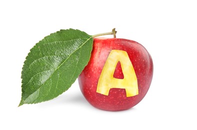 Image of Red apple with carved letter A as school grade on white background
