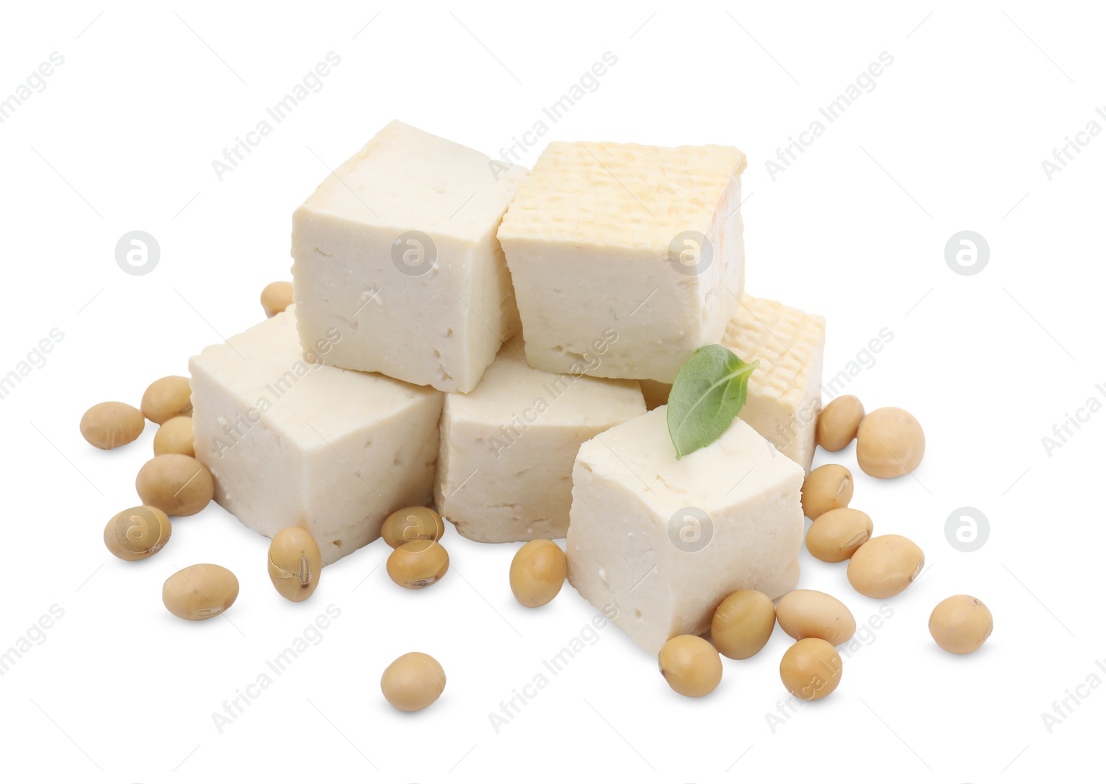 Photo of Delicious tofu cheese, basil and soybeans isolated on white
