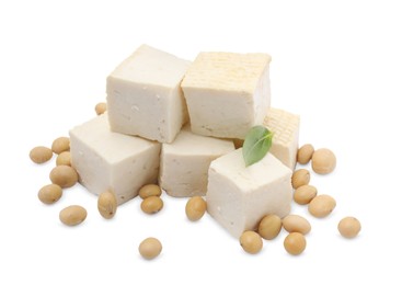 Delicious tofu cheese, basil and soybeans isolated on white