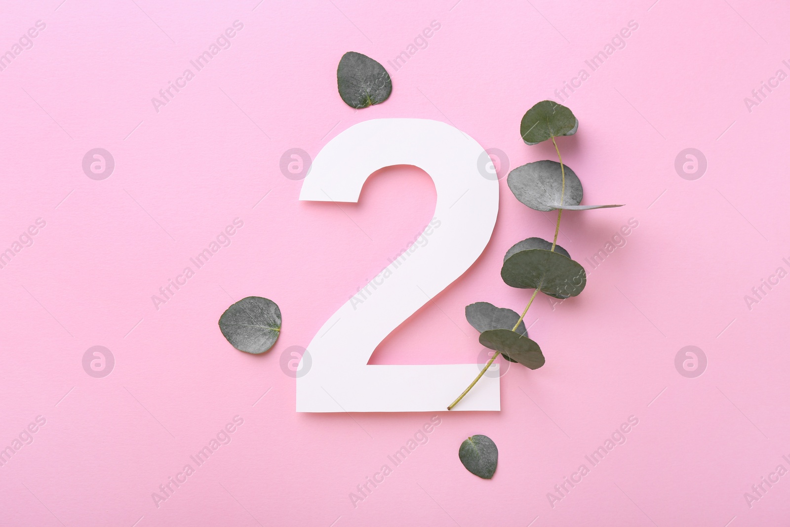 Photo of Paper number 2 and eucalyptus leaves on pink background, flat lay