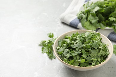 Photo of Fresh green cilantro on light grey marble table. Space for text