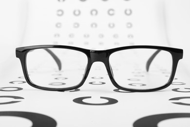 Photo of Vision test chart and glasses on white background, closeup