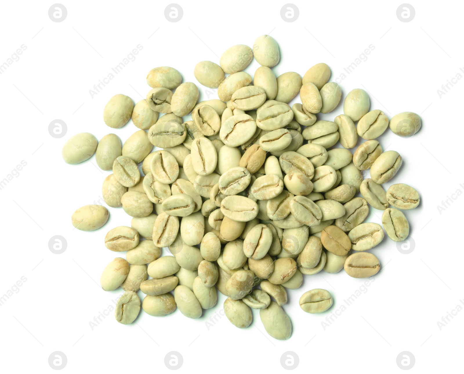 Photo of Green coffee beans on white background, top view