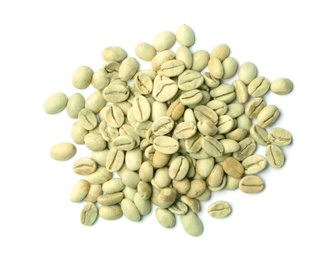 Photo of Green coffee beans on white background, top view