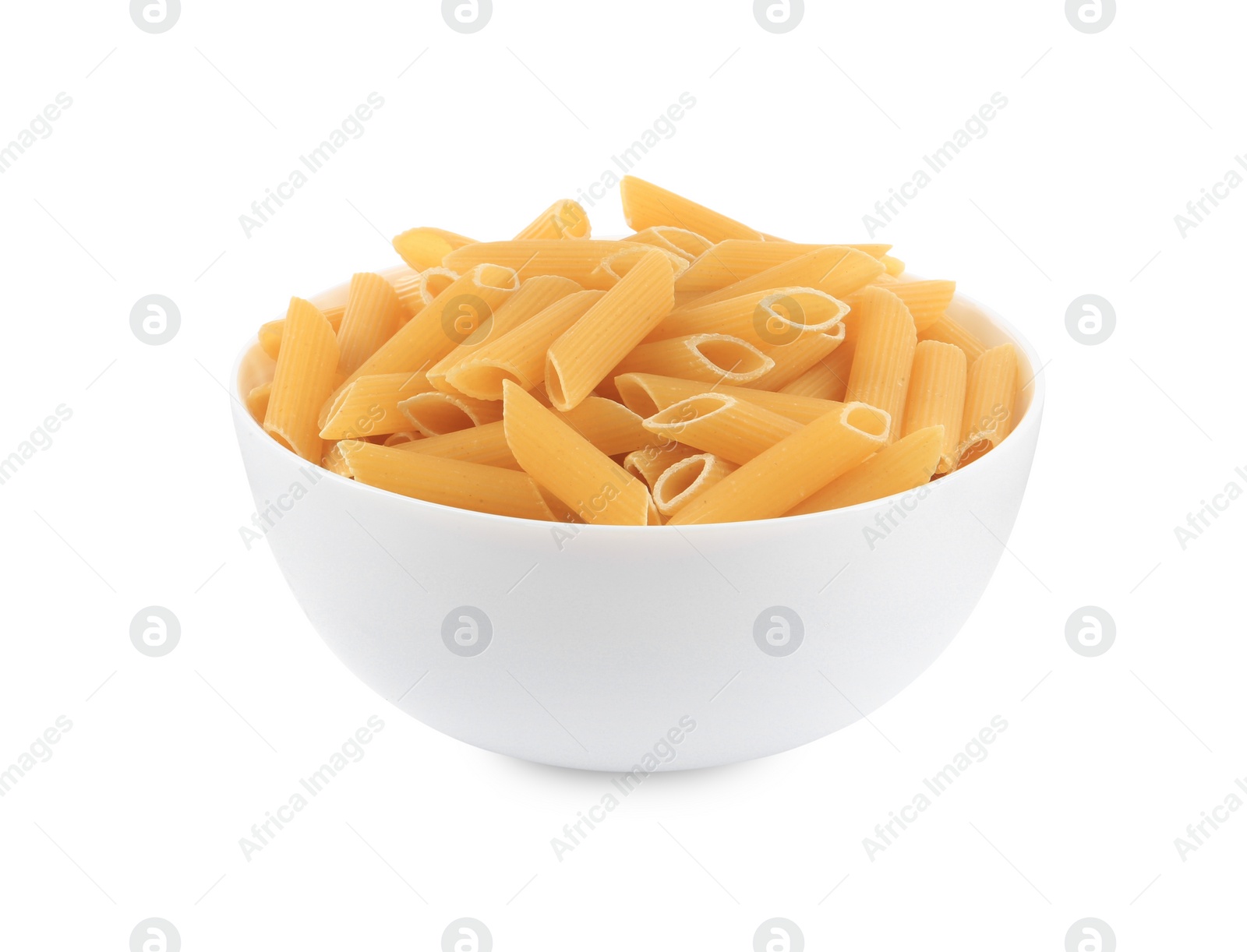 Photo of Raw penne pasta in bowl isolated on white