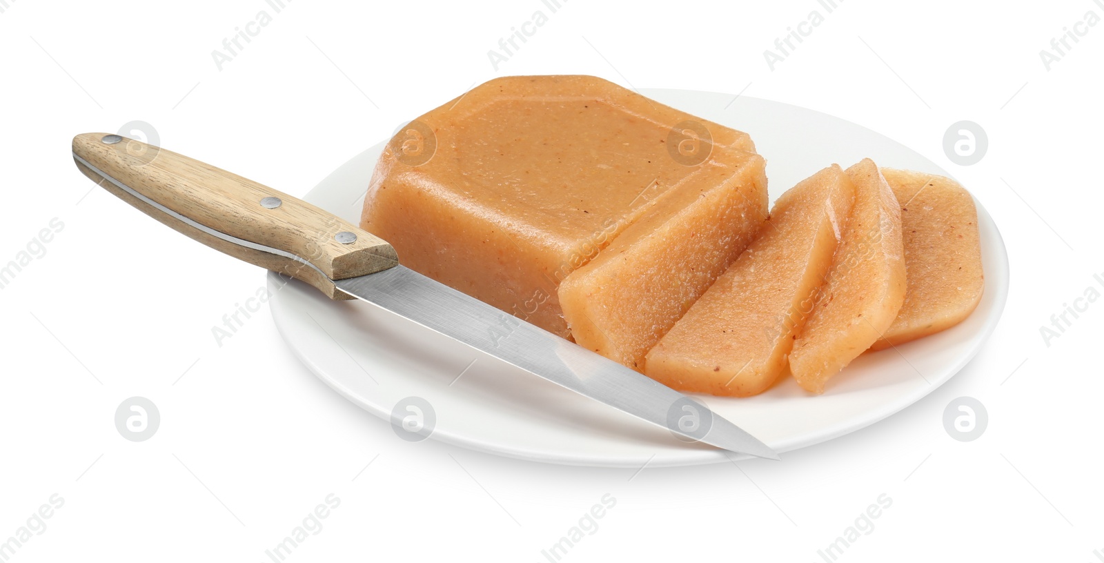 Photo of Delicious sweet quince paste and bread isolated on white