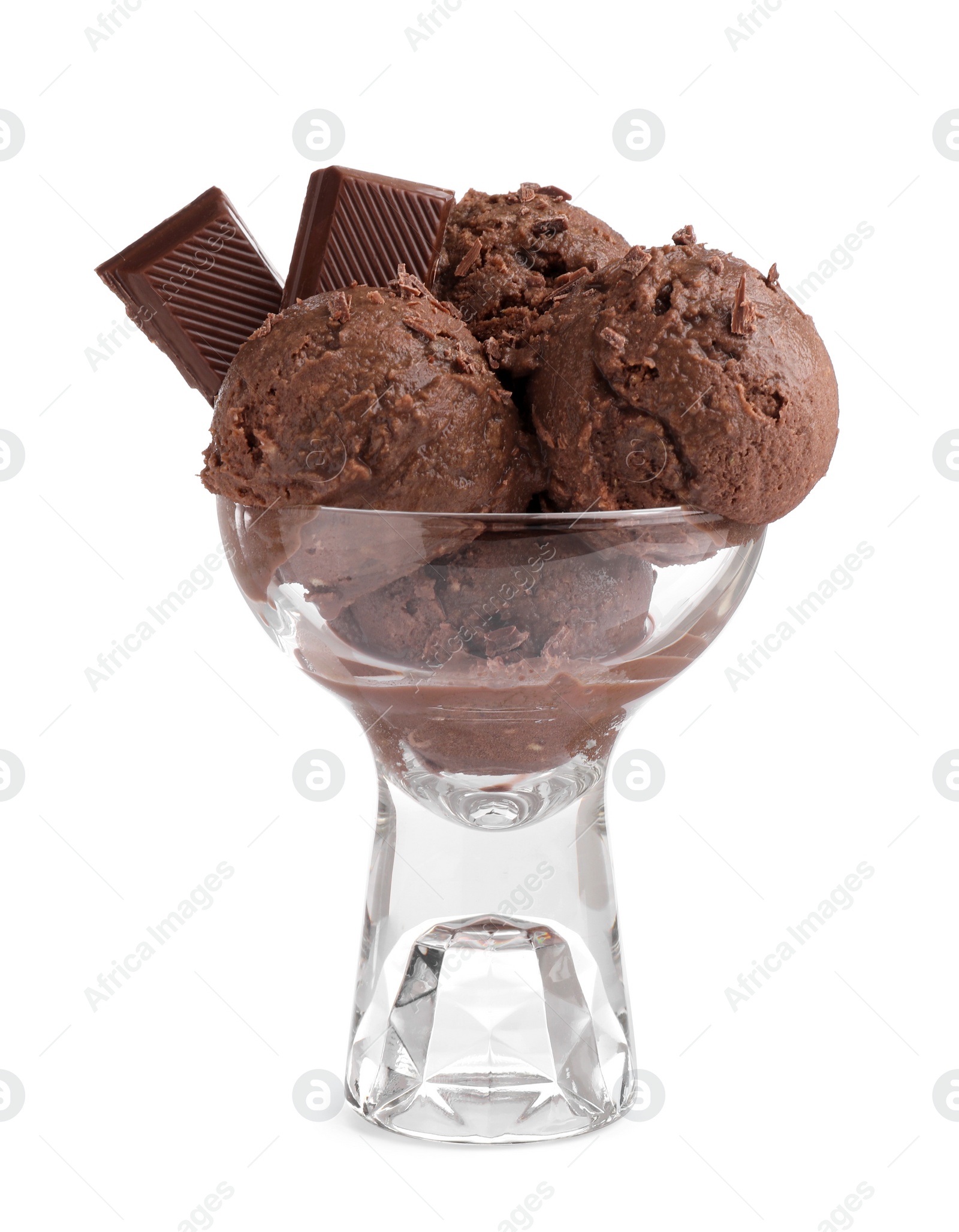 Photo of Glass dessert bowl with tasty chocolate ice cream isolated on white