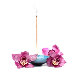 Photo of Smoldering incense stick and orchid flowers on white background