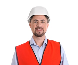 Photo of Male industrial engineer in uniform on white background. Safety equipment