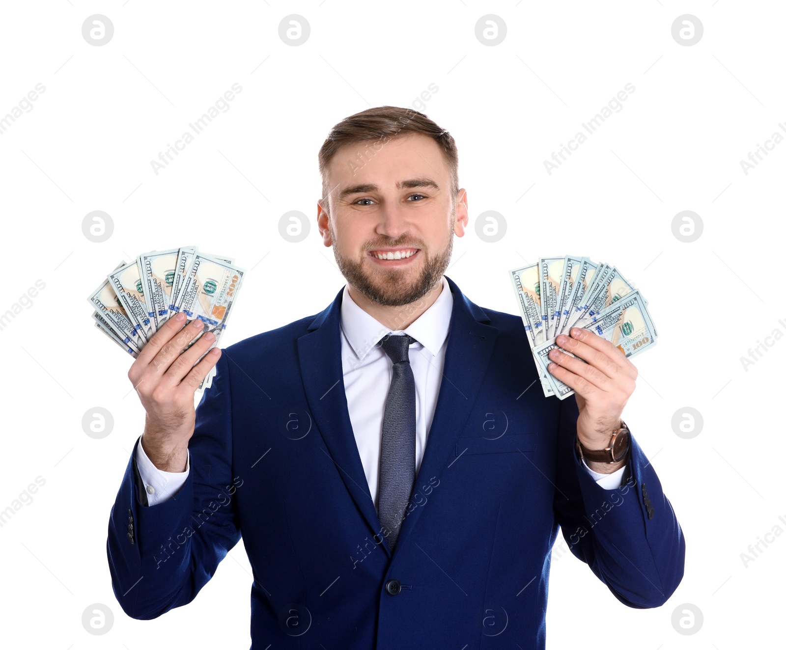 Photo of Portrait of young businessman holding money banknotes on white background