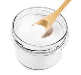 Photo of Baking soda and spoon in glass jar isolated on white